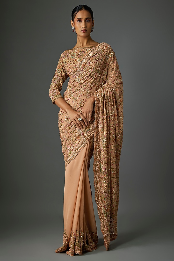 Blush Pink Chiffon Thread Embroidered Bridal Saree Set by Nakul Sen at Pernia's Pop Up Shop