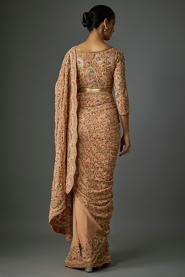 Blush Pink Chiffon Thread Embroidered Bridal Saree Set by Nakul Sen at Pernia's Pop Up Shop