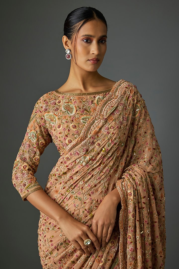 Blush Pink Chiffon Thread Embroidered Bridal Saree Set by Nakul Sen at Pernia's Pop Up Shop
