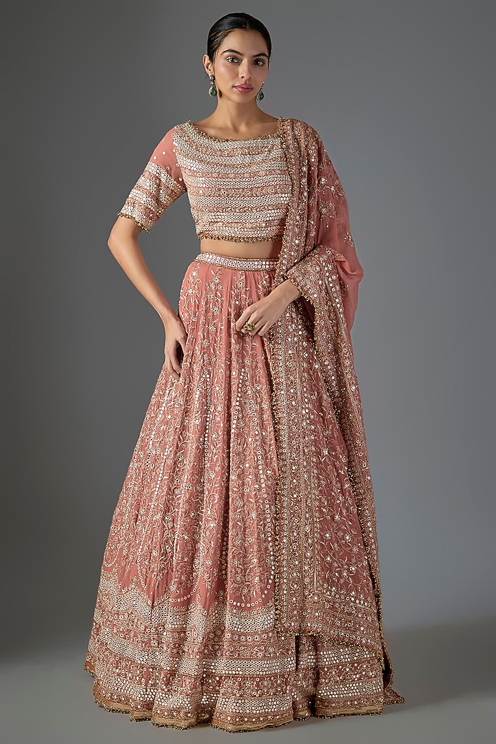 Coral Chiffon Thread Embroidered Bridal Lehenga Set by Nakul Sen at Pernia's Pop Up Shop