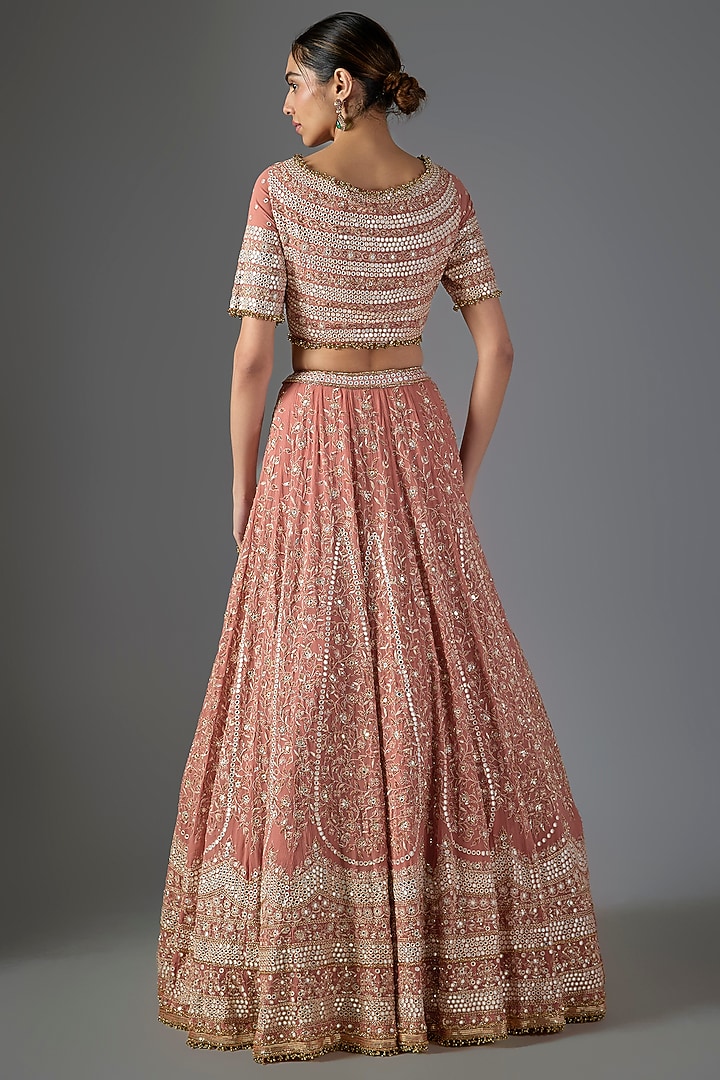 Coral Chiffon Thread Embroidered Bridal Lehenga Set by Nakul Sen at Pernia's Pop Up Shop