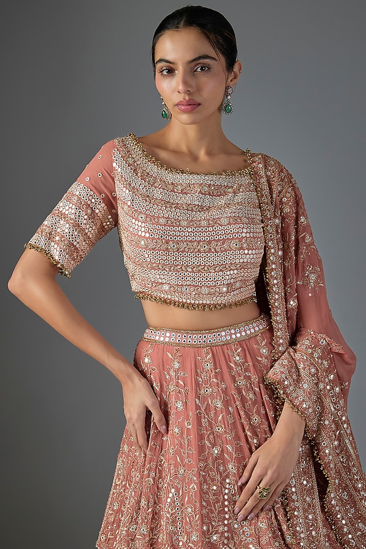 Coral Chiffon Thread Embroidered Bridal Lehenga Set by Nakul Sen at Pernia's Pop Up Shop