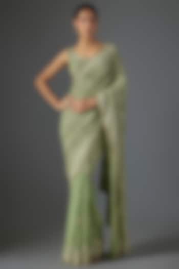 Pista Green Chiffon Thread Embroidered Bridal Saree Set by Nakul Sen at Pernia's Pop Up Shop