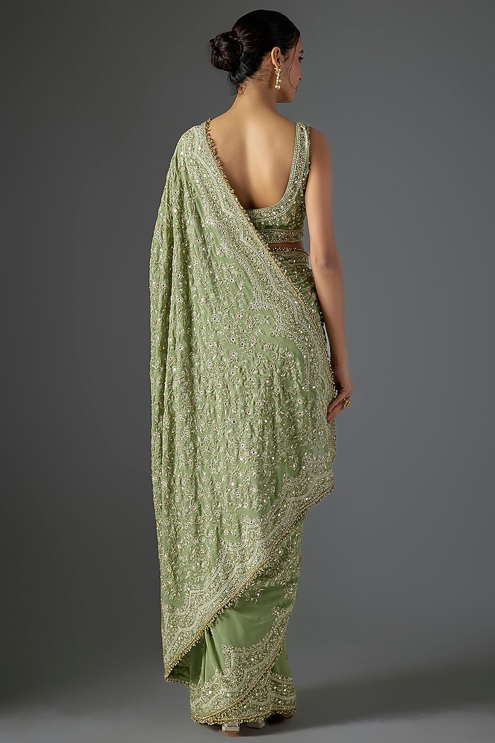 Pista Green Chiffon Thread Embroidered Bridal Saree Set by Nakul Sen at Pernia's Pop Up Shop