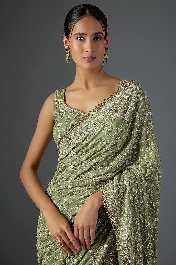 Pista Green Chiffon Thread Embroidered Bridal Saree Set by Nakul Sen at Pernia's Pop Up Shop