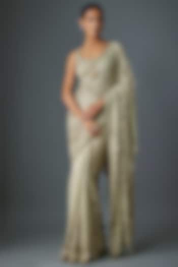 Mushroom-Colored Chiffon Thread Embroidered Bridal Saree Set by Nakul Sen at Pernia's Pop Up Shop