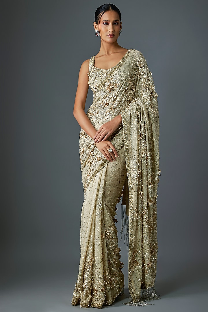 Mushroom-Colored Chiffon Thread Embroidered Bridal Saree Set by Nakul Sen at Pernia's Pop Up Shop