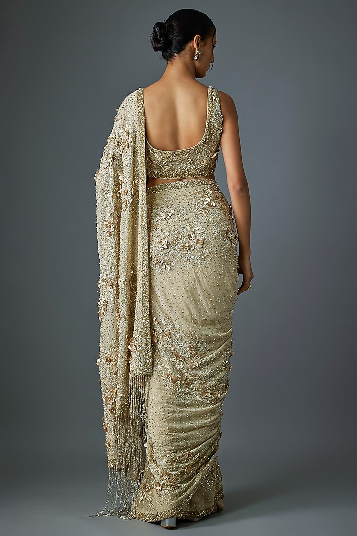 Mushroom-Colored Chiffon Thread Embroidered Bridal Saree Set by Nakul Sen at Pernia's Pop Up Shop