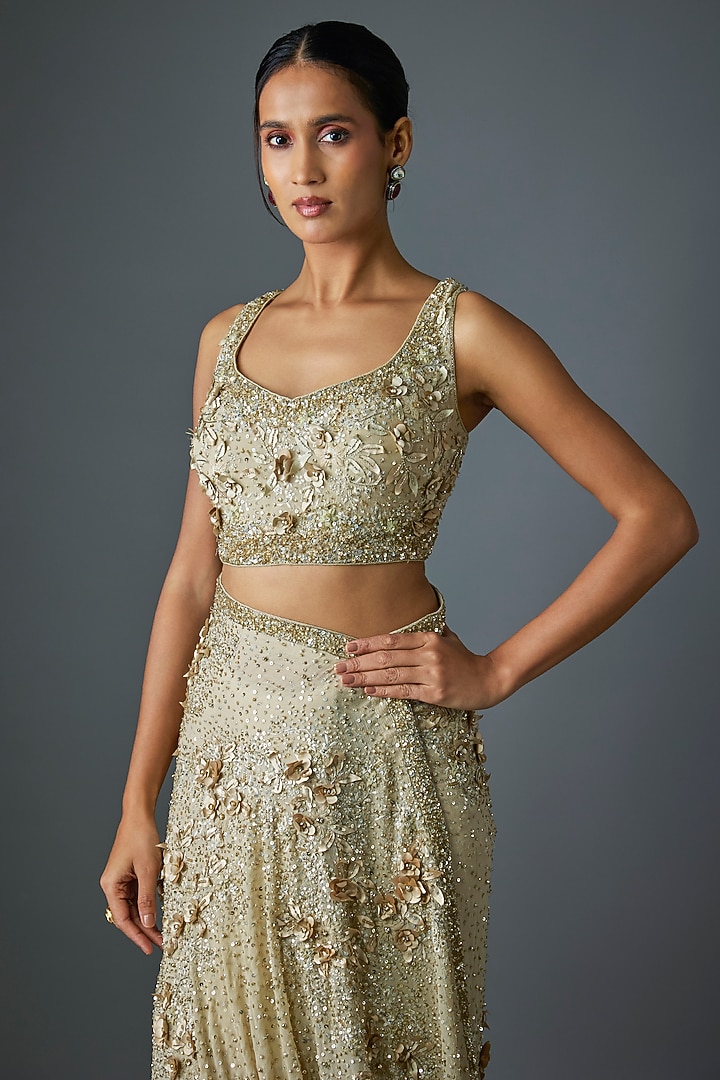Mushroom-Colored Chiffon Thread Embroidered Bridal Saree Set by Nakul Sen at Pernia's Pop Up Shop