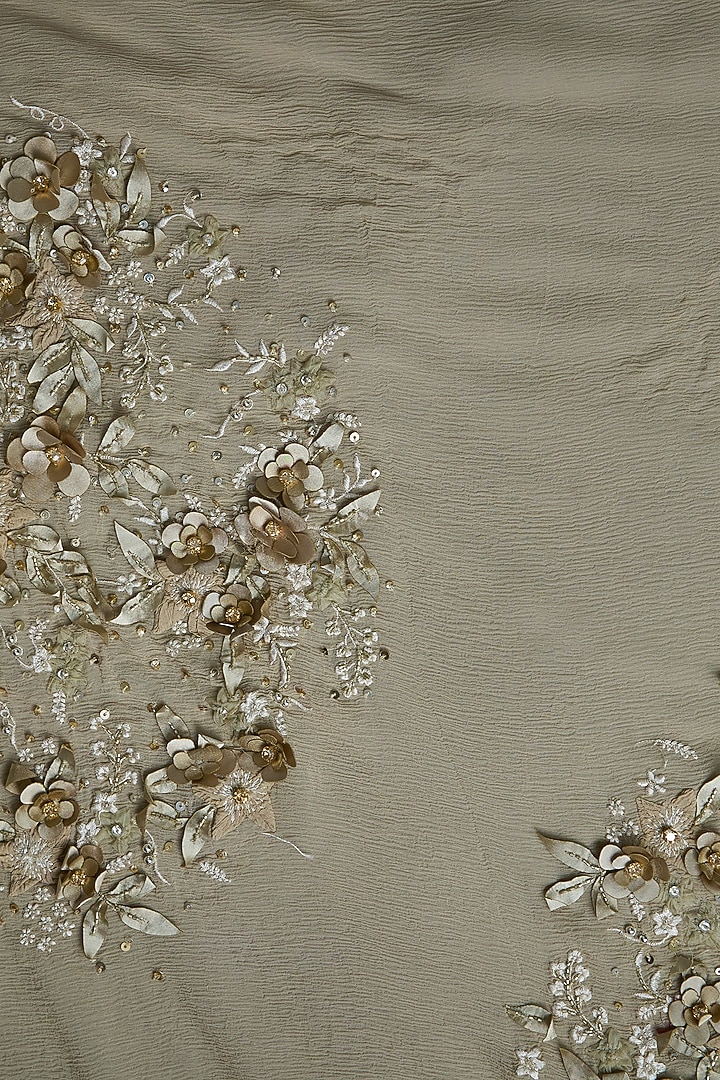 Mushroom-Colored Chiffon Thread Embroidered Bridal Saree Set by Nakul Sen at Pernia's Pop Up Shop