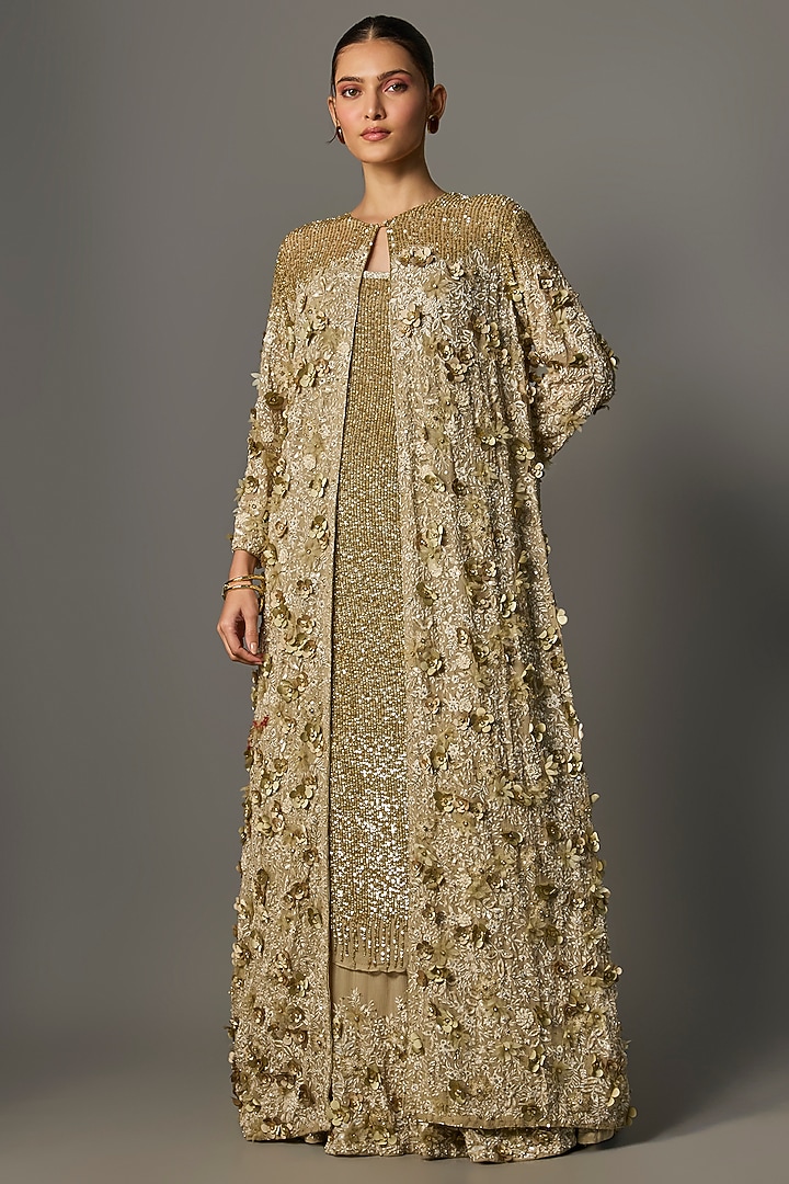Mushroom Cream Chiffon Thread Embroidered Jacket Set by Nakul Sen at Pernia's Pop Up Shop