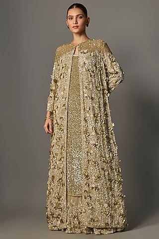 Mushroom Cream Chiffon Thread Embroidered Jacket Set by Nakul Sen