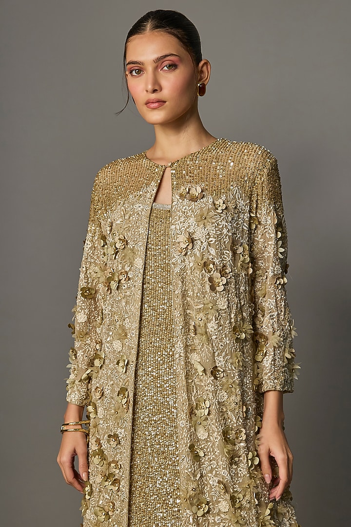 Mushroom Cream Chiffon Thread Embroidered Jacket Set by Nakul Sen at Pernia's Pop Up Shop