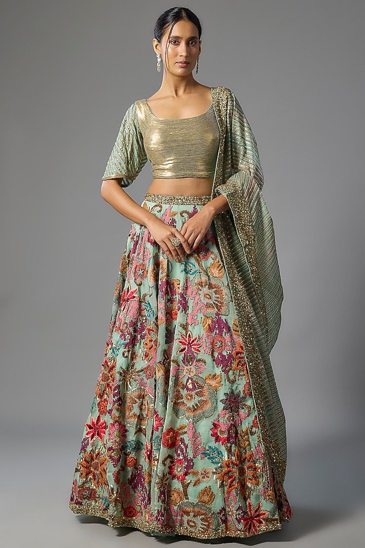 Blue Silk Chiffon Bridal Lehenga Set by Nakul Sen at Pernia's Pop Up Shop