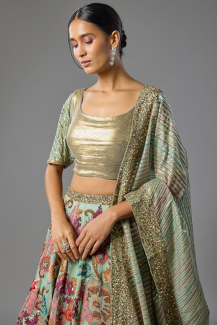 Blue Silk Chiffon Bridal Lehenga Set by Nakul Sen at Pernia's Pop Up Shop