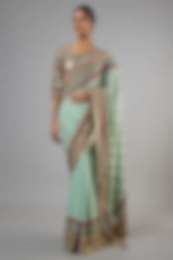 Porcelain Blue Chiffon Thread Embroidered Bridal Saree Set by Nakul Sen at Pernia's Pop Up Shop