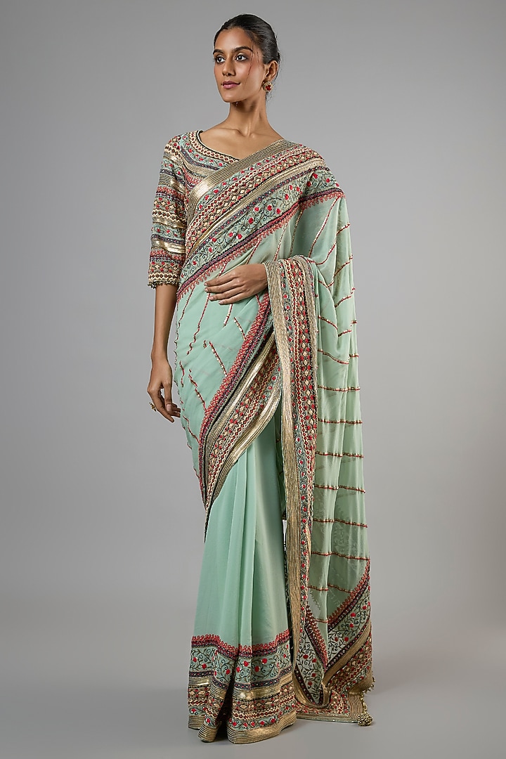 Porcelain Blue Chiffon Thread Embroidered Bridal Saree Set by Nakul Sen at Pernia's Pop Up Shop