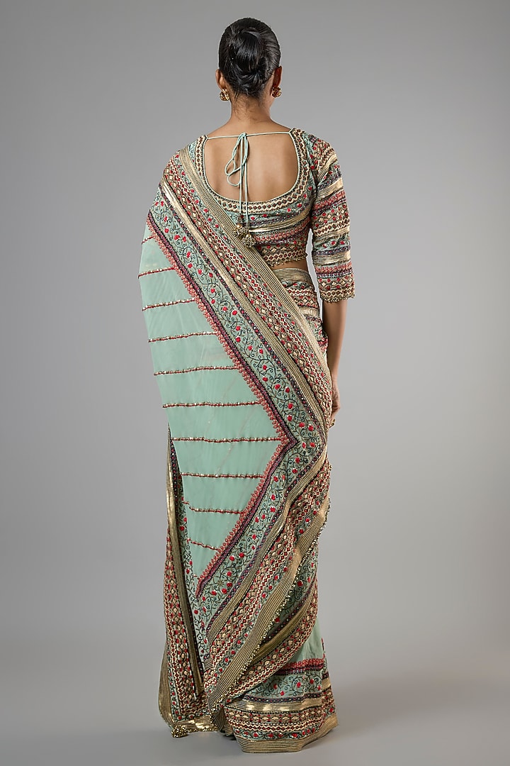 Porcelain Blue Chiffon Thread Embroidered Bridal Saree Set by Nakul Sen at Pernia's Pop Up Shop