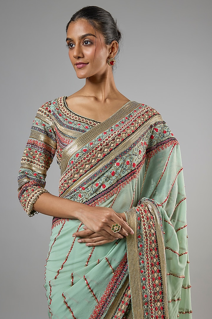 Porcelain Blue Chiffon Thread Embroidered Bridal Saree Set by Nakul Sen at Pernia's Pop Up Shop