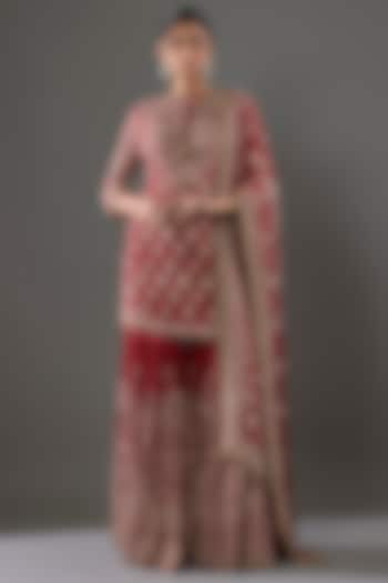 Red Chiffon Sequins Embroidered Gharara Set by Nakul Sen at Pernia's Pop Up Shop