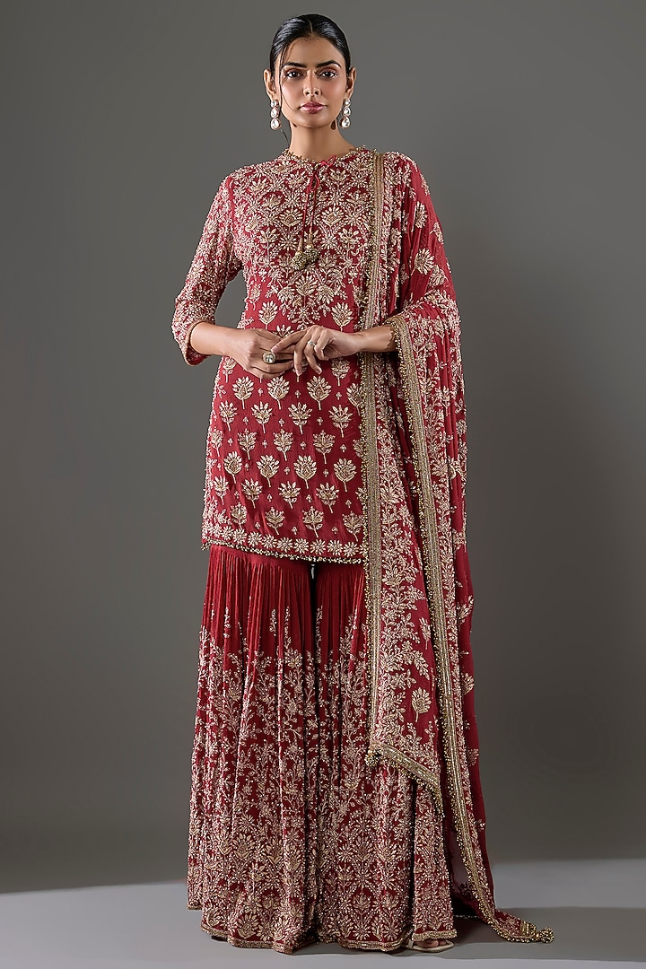Red Chiffon Sequins Embroidered Gharara Set by Nakul Sen at Pernia's Pop Up Shop
