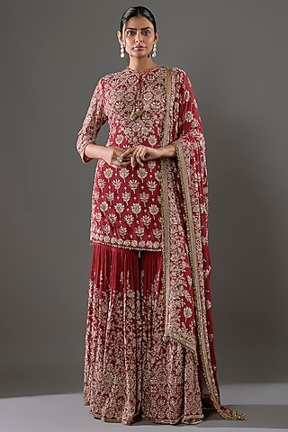 Red Chiffon Sequins Embroidered Gharara Set by Nakul Sen