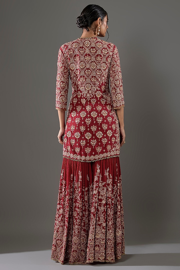 Red Chiffon Sequins Embroidered Gharara Set by Nakul Sen at Pernia's Pop Up Shop