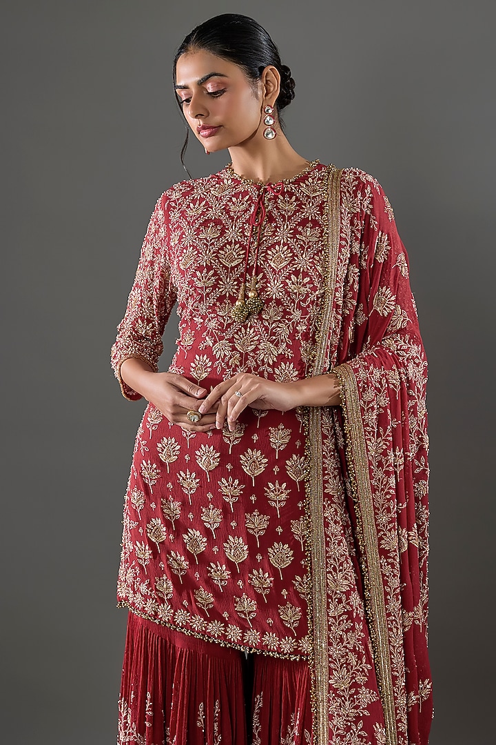 Red Chiffon Sequins Embroidered Gharara Set by Nakul Sen at Pernia's Pop Up Shop