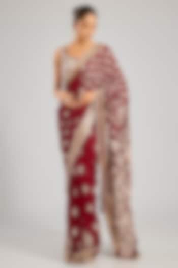 Red Chiffon Thread Embroidered Bridal Saree Set by Nakul Sen at Pernia's Pop Up Shop