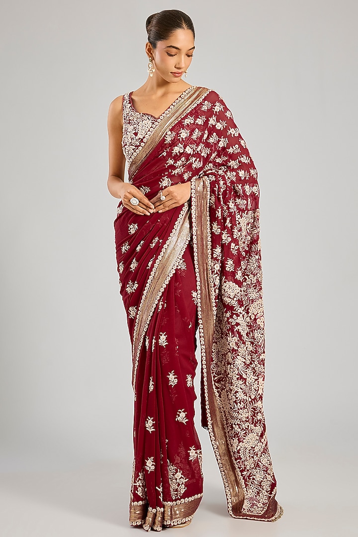 Red Chiffon Thread Embroidered Bridal Saree Set by Nakul Sen at Pernia's Pop Up Shop