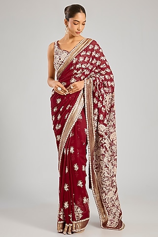 Red Chiffon Thread Embroidered Saree Set by Nakul Sen