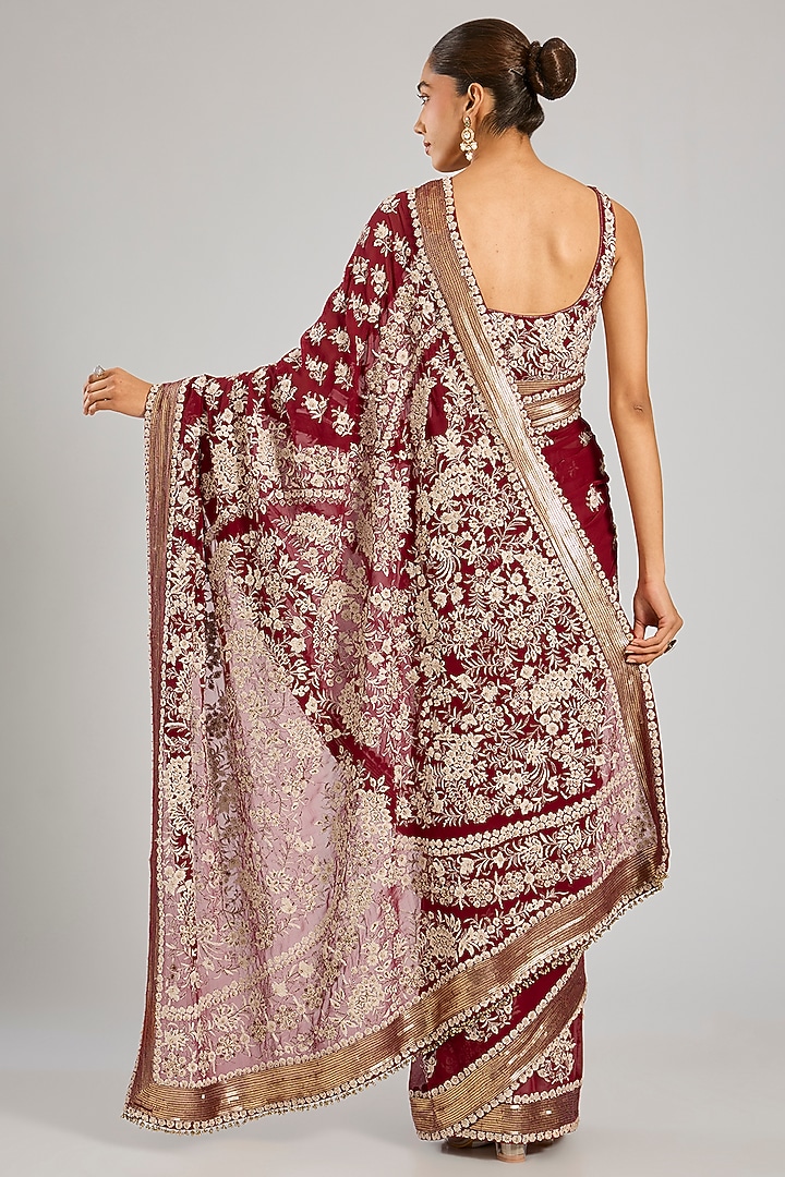 Red Chiffon Thread Embroidered Bridal Saree Set by Nakul Sen at Pernia's Pop Up Shop