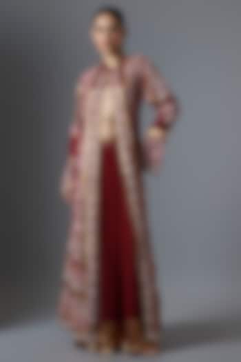 Red Chiffon Thread Embroidered Jacket Set by Nakul Sen at Pernia's Pop Up Shop