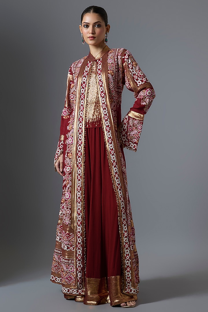 Red Chiffon Thread Embroidered Jacket Set by Nakul Sen at Pernia's Pop Up Shop