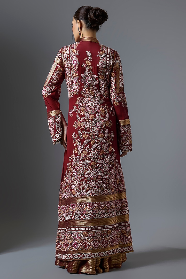 Red Chiffon Thread Embroidered Jacket Set by Nakul Sen at Pernia's Pop Up Shop