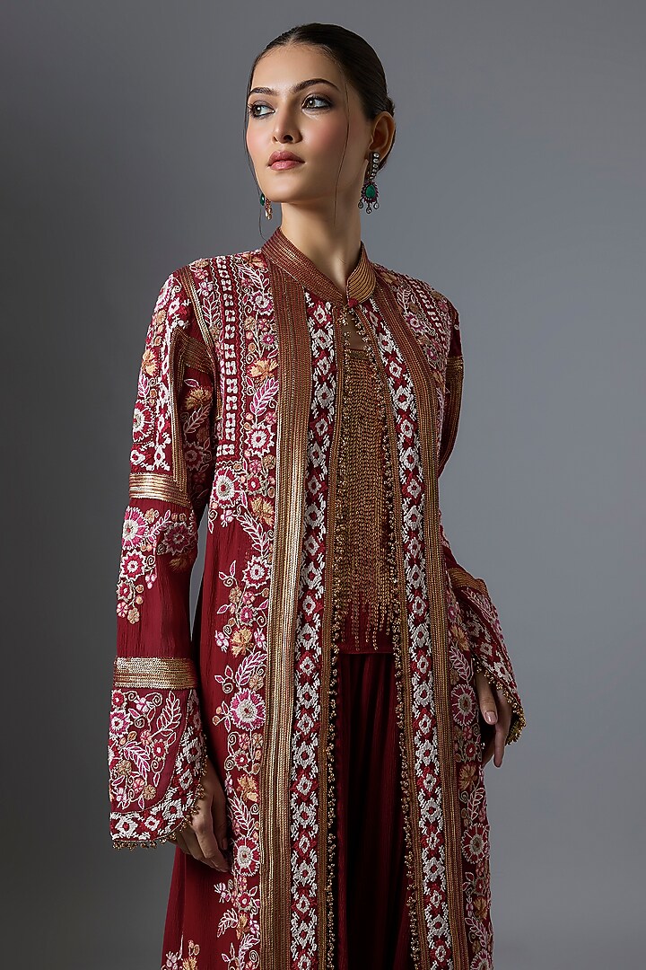 Red Chiffon Thread Embroidered Jacket Set by Nakul Sen at Pernia's Pop Up Shop
