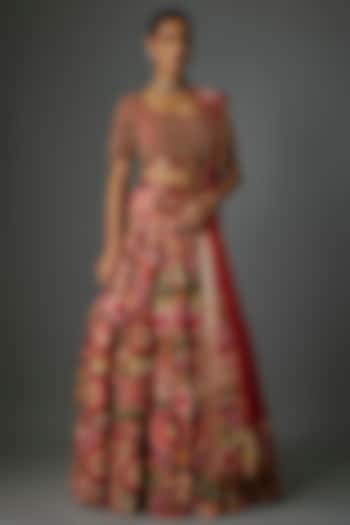 Tomato Red Silk Chiffon Thread Embroidered Bridal Lehenga Set by Nakul Sen at Pernia's Pop Up Shop