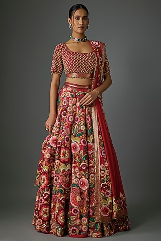 Tomato Red Silk Chiffon Thread Embroidered Lehenga Set by Nakul Sen