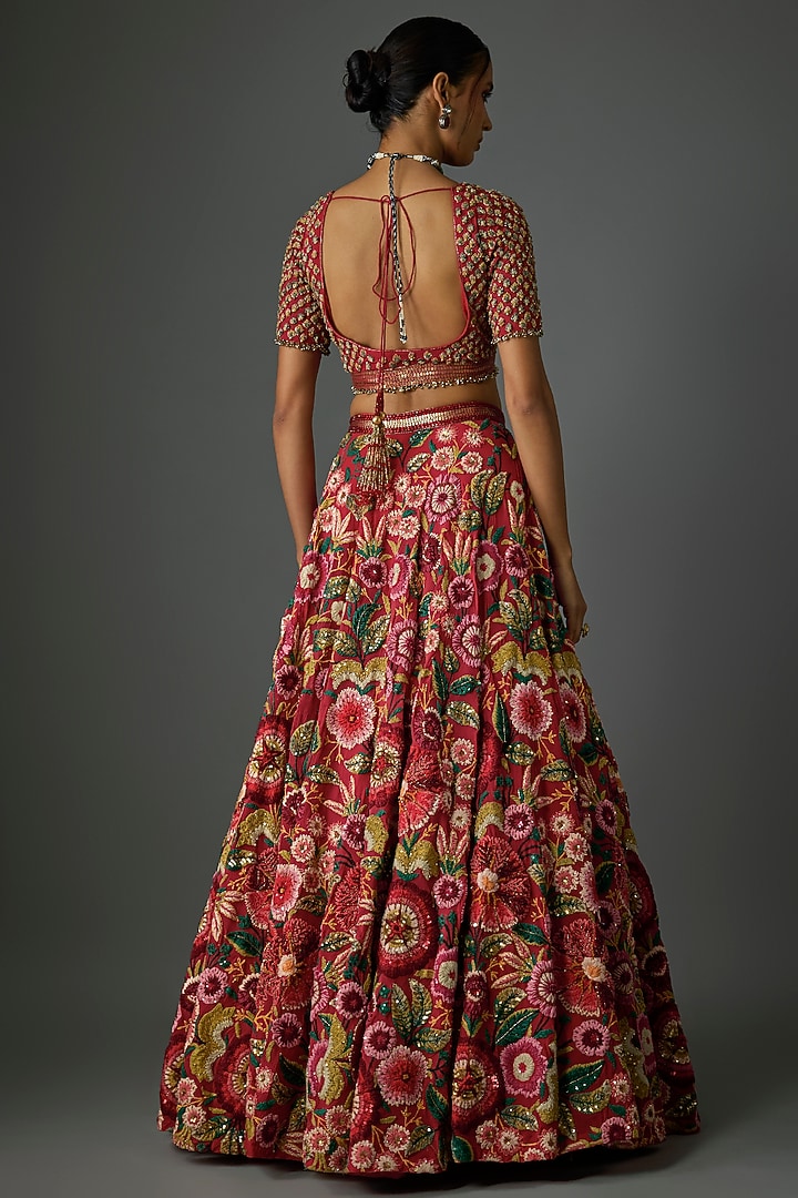 Tomato Red Silk Chiffon Thread Embroidered Bridal Lehenga Set by Nakul Sen at Pernia's Pop Up Shop