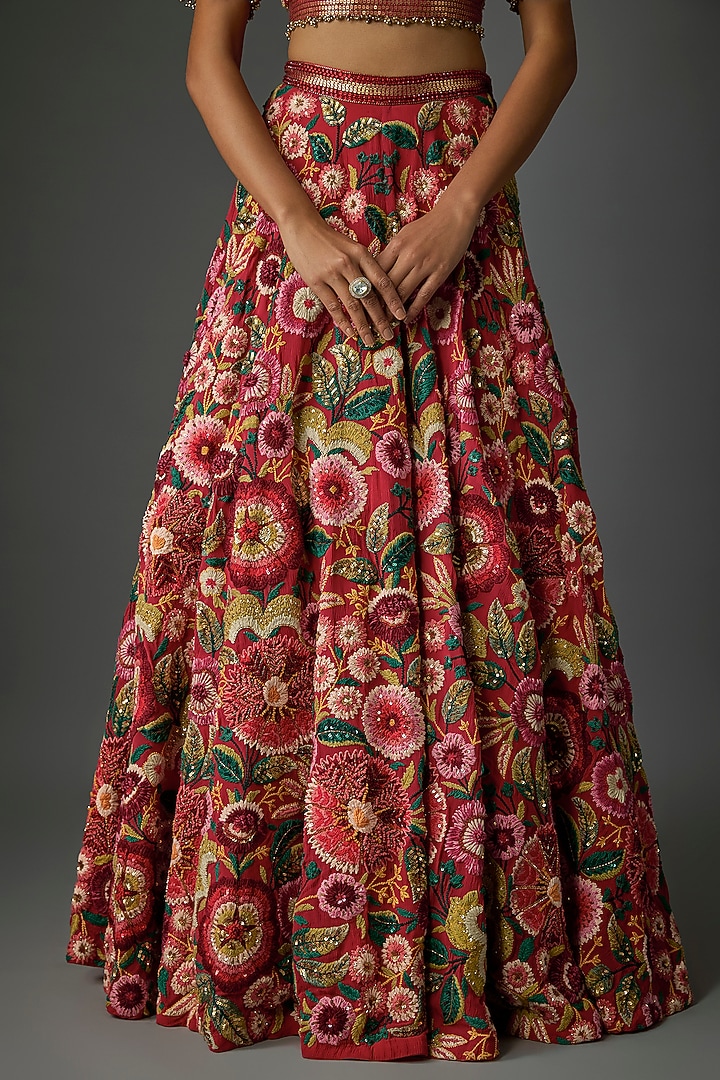 Tomato Red Silk Chiffon Thread Embroidered Bridal Lehenga Set by Nakul Sen at Pernia's Pop Up Shop