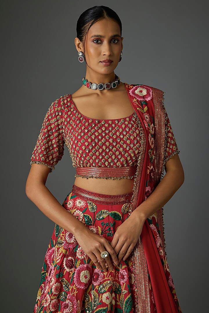 Tomato Red Silk Chiffon Thread Embroidered Bridal Lehenga Set by Nakul Sen at Pernia's Pop Up Shop
