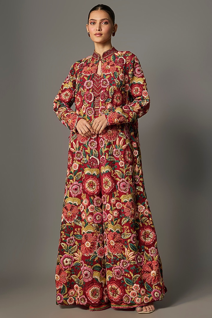 Red Chiffon Thread Embroidered Jacket Set by Nakul Sen at Pernia's Pop Up Shop