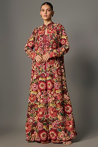 Red Chiffon Thread Embroidered Jacket Set by Nakul Sen