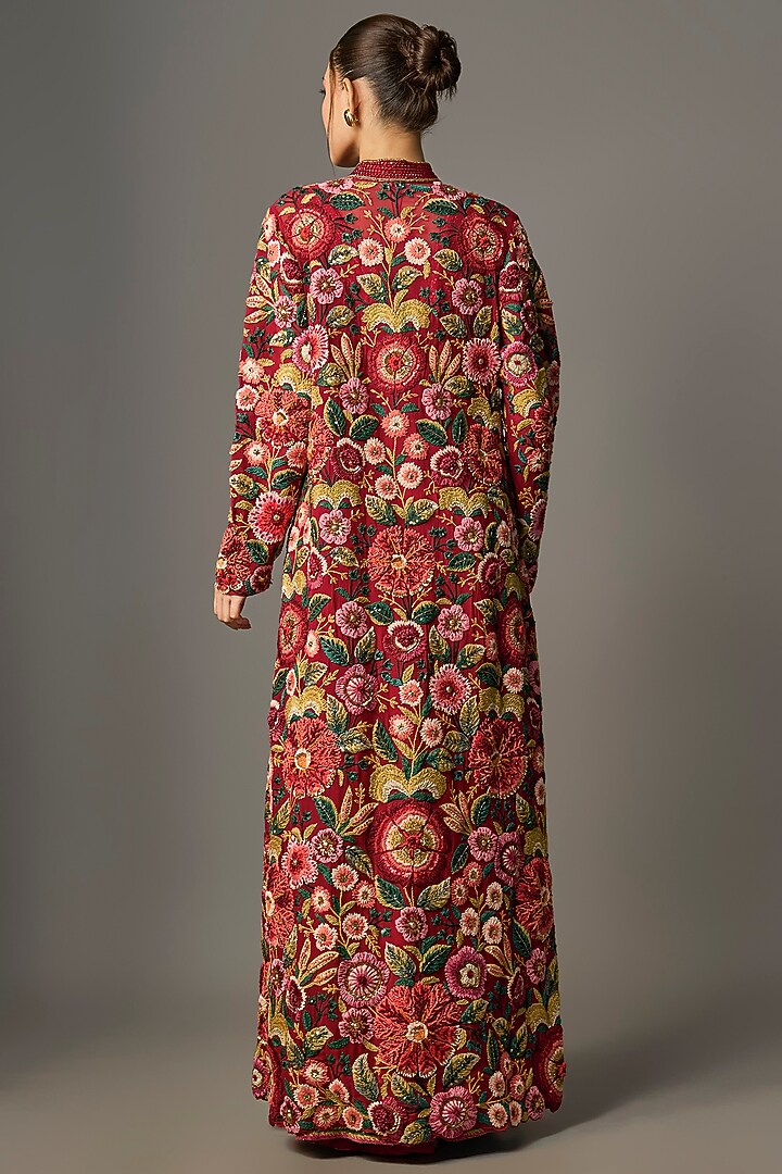 Red Chiffon Thread Embroidered Jacket Set by Nakul Sen at Pernia's Pop Up Shop