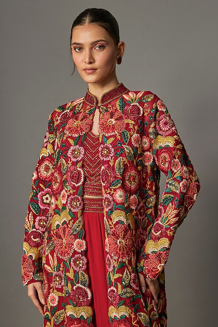 Red Chiffon Thread Embroidered Jacket Set by Nakul Sen at Pernia's Pop Up Shop