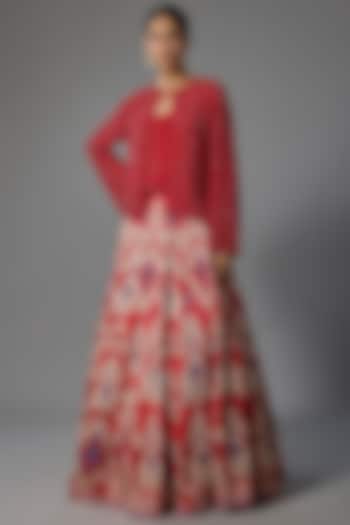 Tomato Red Chiffon Jacket Bridal Lehenga Set by Nakul Sen at Pernia's Pop Up Shop