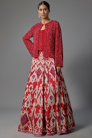 Tomato Red Chiffon Jacket Lehenga Set by Nakul Sen