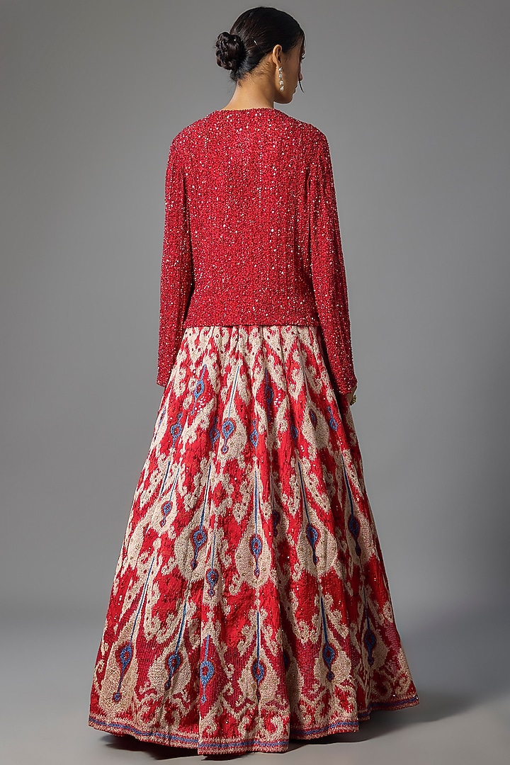 Tomato Red Chiffon Jacket Bridal Lehenga Set by Nakul Sen at Pernia's Pop Up Shop