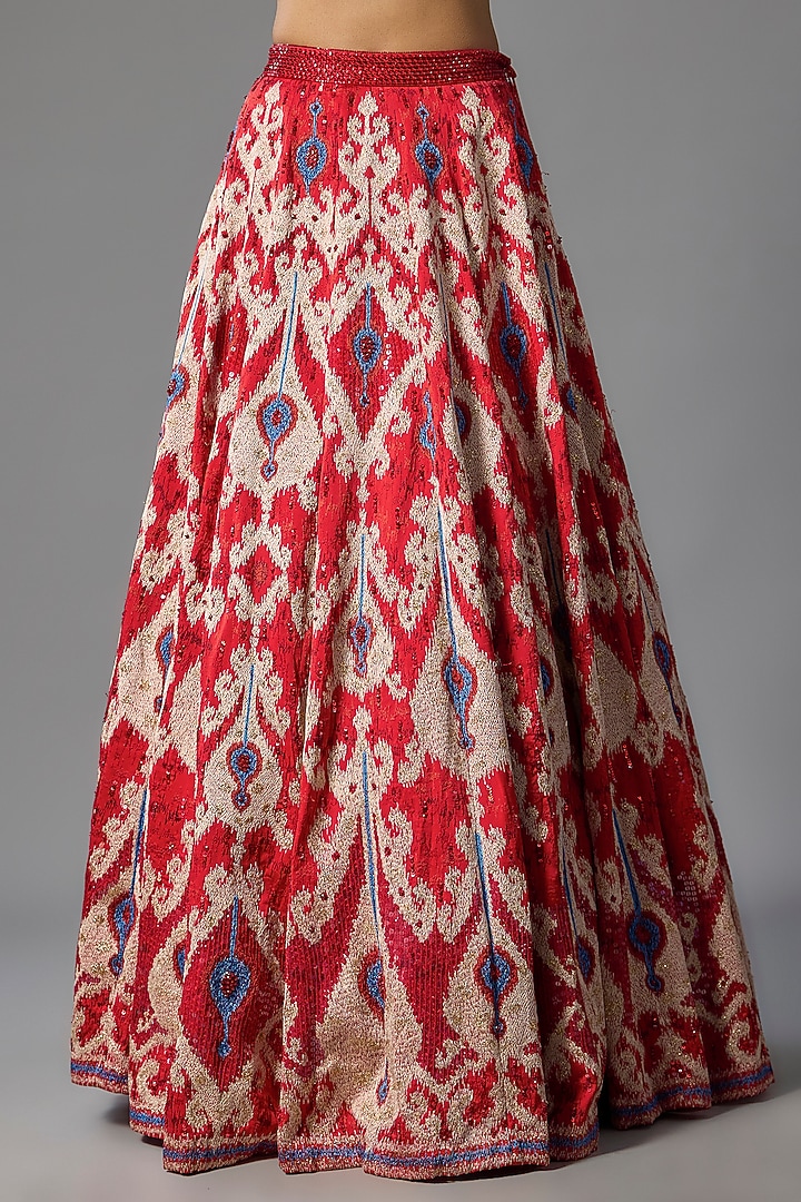Tomato Red Chiffon Jacket Bridal Lehenga Set by Nakul Sen at Pernia's Pop Up Shop