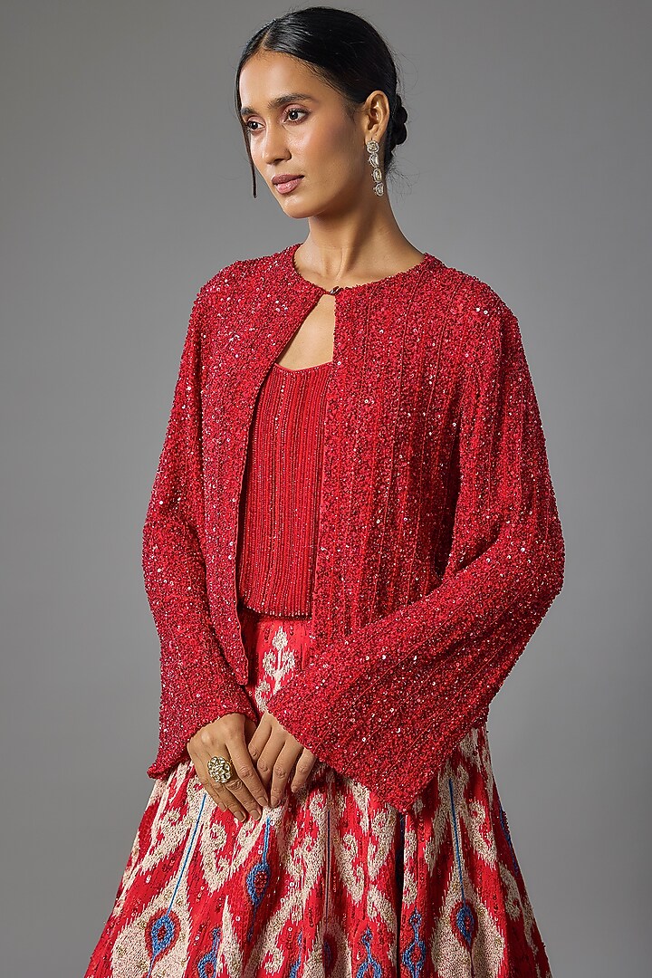 Tomato Red Chiffon Jacket Bridal Lehenga Set by Nakul Sen at Pernia's Pop Up Shop